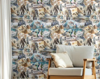 Maximalist Cryptid Wallpaper - Conspiracy Theory Watercolor Collage, Bigfoot UFO Alien Sphinx Design, Whimsical Peel and Stick Wall Decor