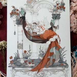 Peut inclure: Une illustration à l'aquarelle d'une femme en robe rouge et blanche, allongée dans un hamac entre deux colonnes ornées. La femme lit un livre et porte une couronne de fleurs sur la tête. L'arrière-plan est gris clair avec une touche de bleu.