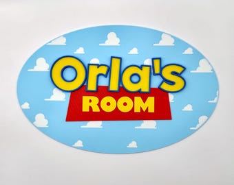 Letrero con nombre para puerta de cuarto de juguetes, letrero con historia, regalos de decoración para guardería, letrero o decoración para cuarto de juguetes, letrero para puerta infantil, 3D