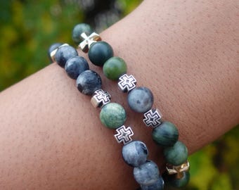 His and Hers/ Matching Friendship Bracelets – Green & Black (Howlite and Labradorite) with Mixed Metal Cross Charms