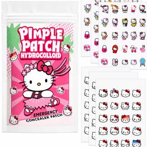 Peut inclure: Un sachet refermable blanc étiqueté PIMPLE PATCH HYDROCOLLOID EMERGENCY CONCEALER PATCH avec un graphique Hello Kitty, accompagné de plusieurs feuilles de petits patchs adhésifs pour le visage sur le thème Hello Kitty aux expressions variées.