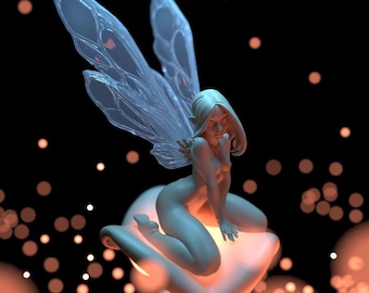 May include: A white fairy figurine with translucent wings sits on a glowing mushroom. The fairy has long blonde hair and is wearing a delicate, feminine pose. The background is a dark black with a scattering of orange lights.