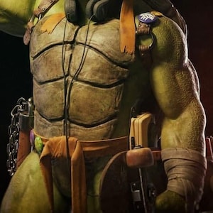 May include: A green, muscular figure wearing a brown shell, orange belt, and a blue badge with the text "Foot Clan". The figure is holding a skateboard and has a chain attached to their leg.