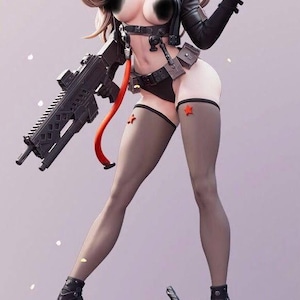 May include: A female action figure with long blonde hair, wearing a black leather jacket, a black and red belt, black shorts, and black stockings with red stars. She is holding a black gun and is standing on a gray platform.