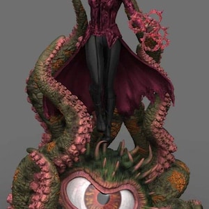 Puede incluir: Una figura vestida de rojo con una corona se para sobre una criatura verde y rosa con un ojo grande. La figura sostiene energía roja en sus manos. La criatura tiene tentáculos y púas.