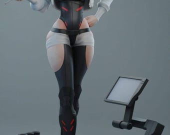 May include: A black and white anime figurine of a woman with rainbow hair, wearing a black and white jumpsuit, standing on a black base with a screen and a mechanical arm.