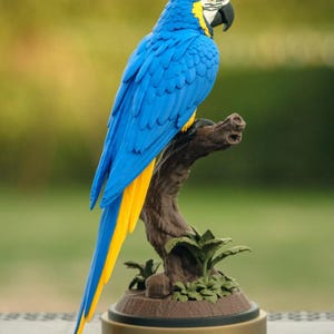 May include: A blue and yellow macaw figurine perched on a brown textured branch. The bird has a green crown, a white face with black markings, and a black beak. It is mounted on a circular base with small green leaves at the base of the branch.