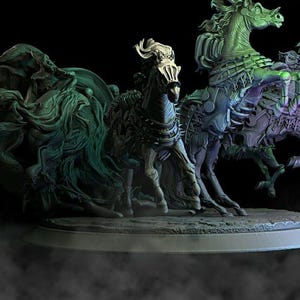 May include: Three skeletal horse figures with green and purple paint, standing on a gray base. The horses are in a dynamic pose, with their heads turned and their legs outstretched. The figures are detailed and realistic, with visible bones and tendons.