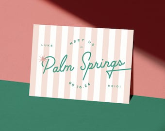 Customized Palm Springs Wedding Save the Date Postcard Retro Modern Destination Pink Green Aesthetic Invite Editable Printable #Jetset