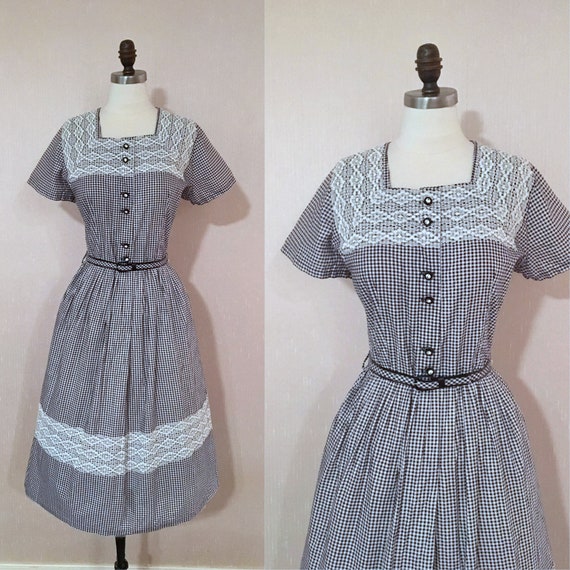 Vintage 1950s Black and White Gingham Lace Trim Da