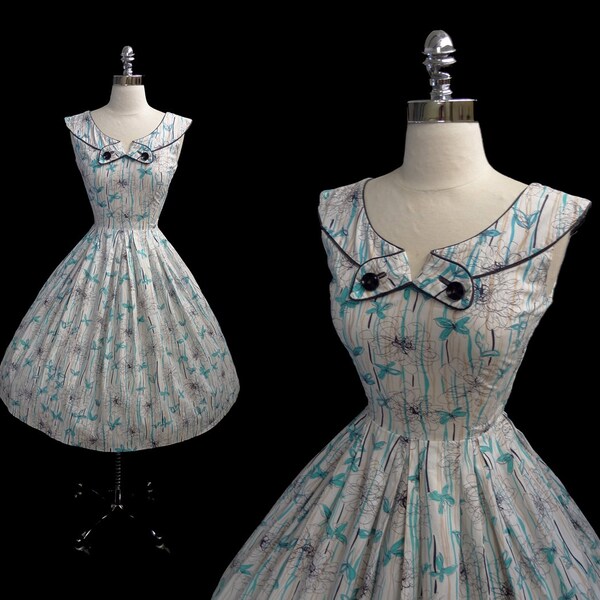 Vintage 1950s Floral Scribble Print Full Skirt Cotton Garden Party S