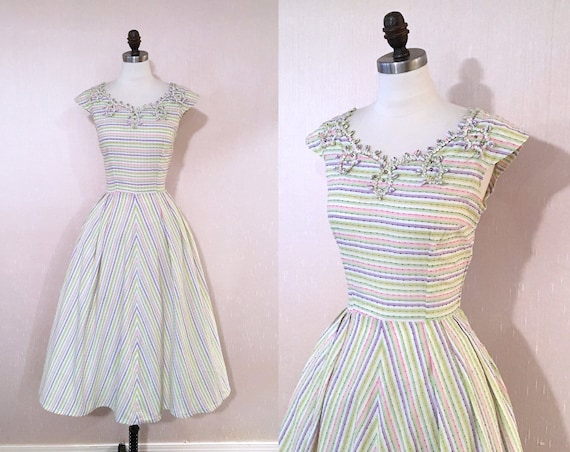 Vintage 1950s Striped Rainbow Cotton Full Skirt Su