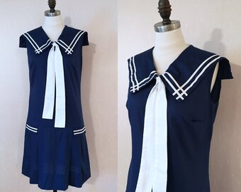 Vintage 1960s Navy Blue Sailor Nautical Summer Dress S/M