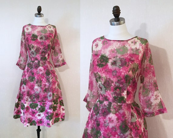 Vintage 1950s Pink Floral Chiffon Illusion Necklin