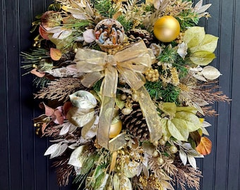 Nativity Swag: Gold Holiday Ornament, Winter Pinecones