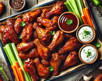 Könnte beinhalten: Ein Tablett mit gekochten Chicken Wings mit glänzender, rotbrauner Glasur. Serviert mit Selleriestangen, Karottensticks und kleinen Schalen mit Dips. Garniert mit frischer Petersilie und Gewürzen, die Wings sind auf einer Holzoberfläche angeordnet.