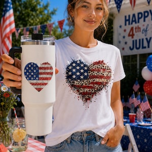 Patriotic Heart Tumbler | 40oz USA Flag Travel Mug | Fourth of July Cup with Handle | Red White Blue Independence Day Gift