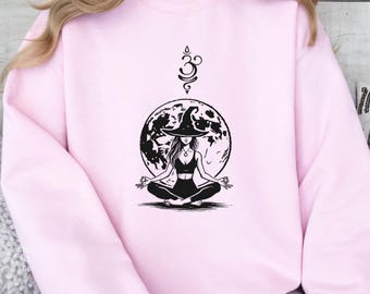 Heksenachtige Yoga Maan Sweatshirt met Om-symbool | Spirituele Dames Hoodie | Boho Mystiek Design | Cadeau voor Meditatie & Mindfulness