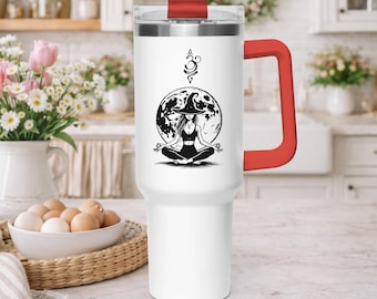 Heksenachtige Yoga Maan Tumbler 1,2 liter met handvat | Spirituele reismok met Om-symbool | Geïsoleerd roestvrij staal | Mystiek cadeau