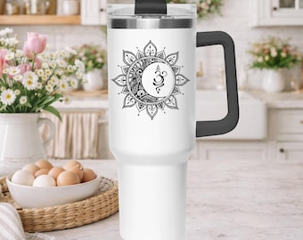 Om Mandala drinkbeker 1,2 liter met handvat | Spirituele yoga reisbeker | Geïsoleerde roestvrijstalen beker | Warm en koud | Mindfulness cadeau
