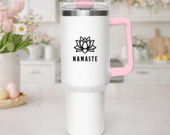Namaste Lotusbloem Drinkbeker 1,2 liter met handvat | Geïsoleerde reisbeker | Spirituele yogabeker | Roestvrij staal voor warme en koude dranken | Wellnesscadeau