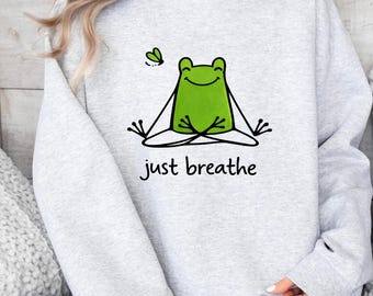 Grappig yoga-kikker T-shirt met de tekst "Just Breathe" | Leuk en ontspannend T-shirt voor dames | Casual yogakleding | Kies je ontwerp