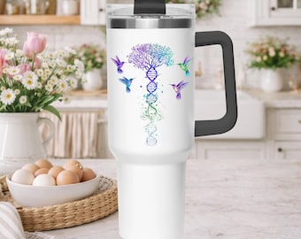 Levensboom DNA Kolibrie Drinkbeker 1,2 liter met handvat | Kleurrijke spirituele reisbeker | Geïsoleerd roestvrij staal | Uniek cadeau