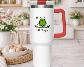 Grappige yogabeker met kikkerprint en de tekst "Just Breathe" | Leuke geïsoleerde reisbeker met handvat | Grote beker in Stanley-stijl | Ontspannend cadeau