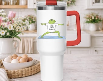Grappige kikkerbeker, Namaste yoga kikkermok, schattige meditatiebeker voor op reis, spiritueel cadeau, esthetische kikker koffiebeker met handvat