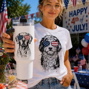 Patriotic Dog Tumbler & Shirt | USA Flag Sunglasses Dog Design | Fourth of July Gift for Dog Lovers | American Independence Shirt
