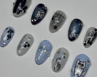 Gojo & Geto Inspired Press On Nails – Jujutsu Kaisen Anime Nails | Hand Painted Cosplay Nails | Custom Anime Nail Art Set | Fake Nails