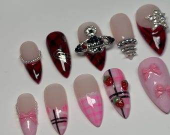 Nana Anime Inspired Y2K Press On Nails | Gothic Coquette Red | Pink Plaid with 3D Charms and Strawberries