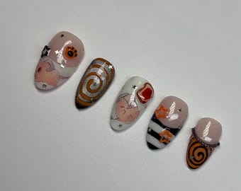 Halloween Anime Press On Nails | Chainsaw Man Inspired | Cute Chibi Ghost Nails | Orange Black Swirl Nails | Kawaii Spooky Nail Set