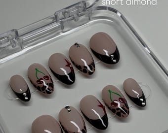 Cheetah and Cherry French Nails | Press on nails