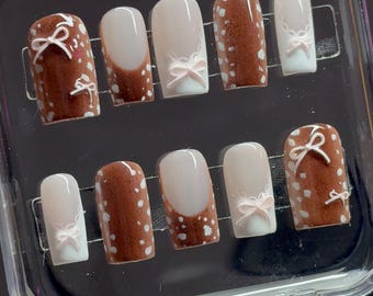 Coquette Deer and Bow Press On Nail | Brown and Pink Lace Nails | Fawn Nails | Bambi Nails | Handmade Custom Fit Glossy Press Ons