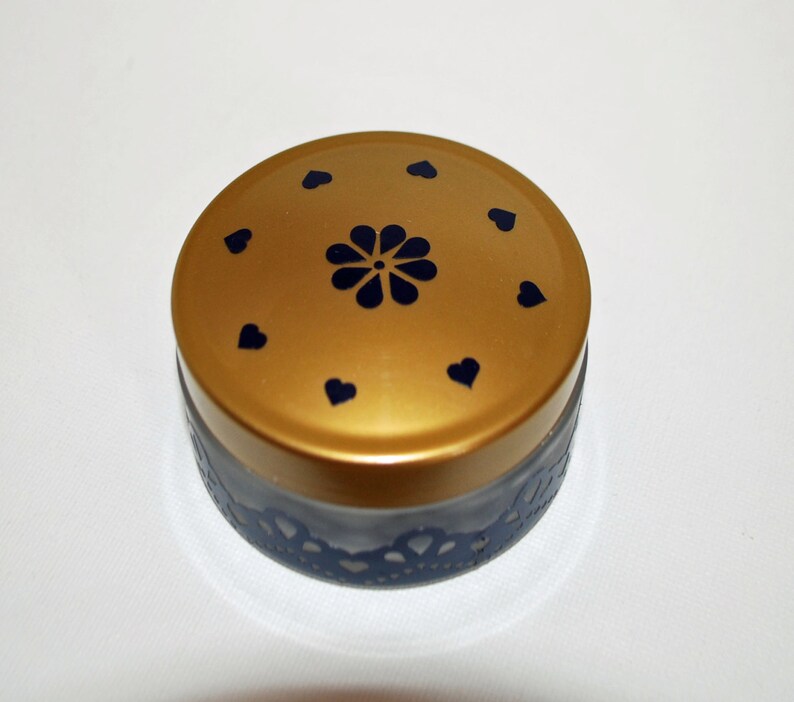 Glass Tea Light Candle or Trinket Jar Midnight Blue Lace Embellishment