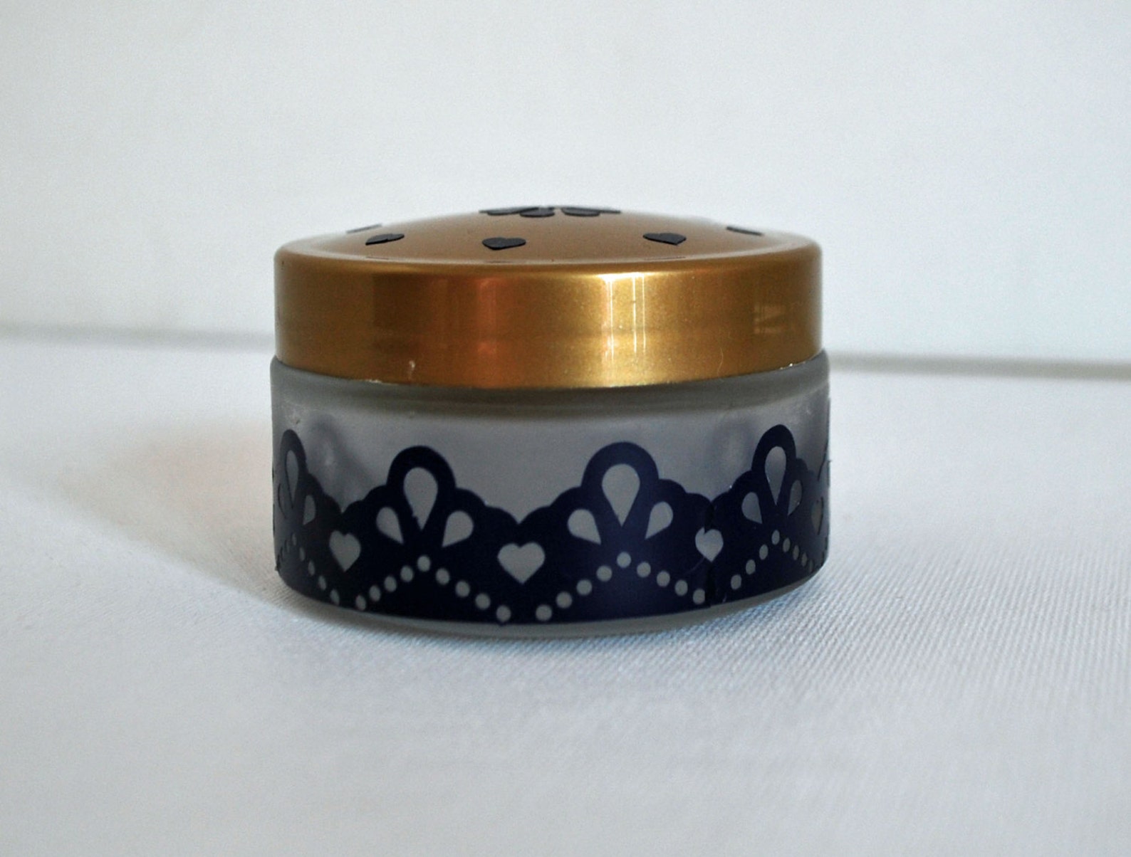 Glass Tea Light Candle or Trinket Jar Midnight Blue Lace Embellishment