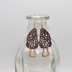 Wooden Morel (Morchella) Mushroom Earrings with 14K Gold Earring Wire, Hypoallergenic, Very lightweight.