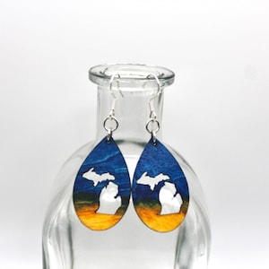 Wooden Michigan Earrings with Sterling Silver Earring Wire, Hypoallergenic and Very lightweight