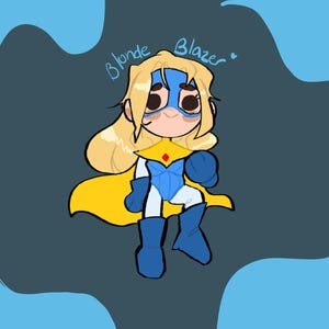 Puede incluir: Ilustraci&oacute;n de un superh&eacute;roe de dibujos animados con cabello rubio, una m&aacute;scara azul y una capa amarilla. El superh&eacute;roe lleva un traje azul y blanco con botas y guantes azules. Las palabras "Blonde Blazer" est&aacute;n escritas encima del personaje.