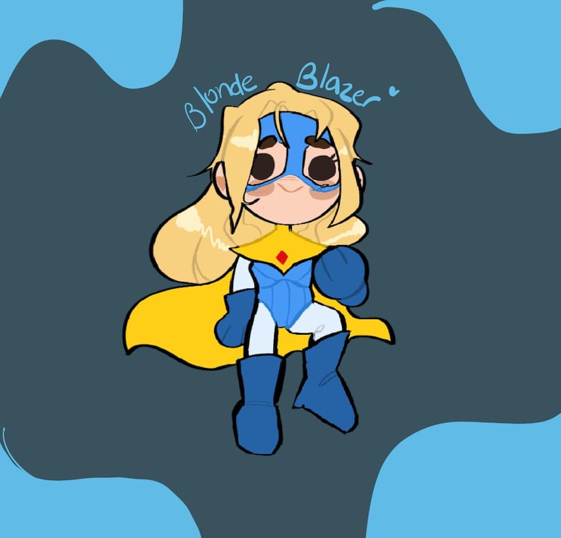 Puede incluir: Ilustraci&oacute;n de un superh&eacute;roe de dibujos animados con cabello rubio, una m&aacute;scara azul y una capa amarilla. El superh&eacute;roe lleva un traje azul y blanco con botas y guantes azules. Las palabras "Blonde Blazer" est&aacute;n escritas encima del personaje.