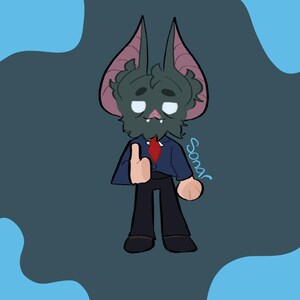 Puede incluir: Ilustraci&oacute;n de dibujos animados de una criatura parecida a un murci&eacute;lago que lleva un traje azul marino y una corbata roja. El murci&eacute;lago tiene una cara gris con ojos blancos y est&aacute; haciendo una se&ntilde;al de aprobaci&oacute;n. El fondo es azul oscuro con formas azules claras.