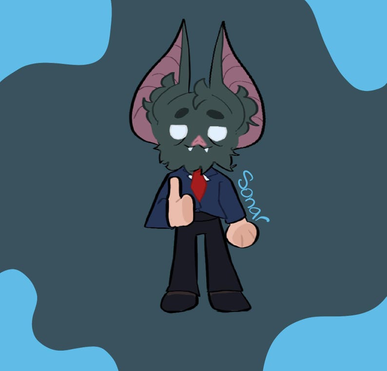 Puede incluir: Ilustraci&oacute;n de dibujos animados de una criatura parecida a un murci&eacute;lago que lleva un traje azul marino y una corbata roja. El murci&eacute;lago tiene una cara gris con ojos blancos y est&aacute; haciendo una se&ntilde;al de aprobaci&oacute;n. El fondo es azul oscuro con formas azules claras.