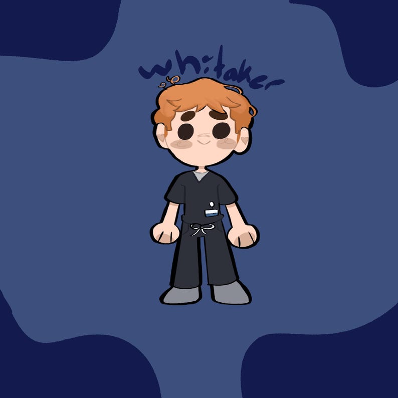 May include: Cartoon illustration of a person with red hair wearing a black uniform with the name "whitaker" above the head. The background is a dark blue with lighter blue shapes.