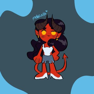 Puede incluir: Una ilustraci&oacute;n de dibujos animados de un personaje rojo con aspecto de demonio con cuernos, una cola y ojos amarillos. El personaje lleva una camiseta blanca y pantalones cortos de mezclilla. La palabra "malevola" est&aacute; escrita encima del personaje en escritura azul.