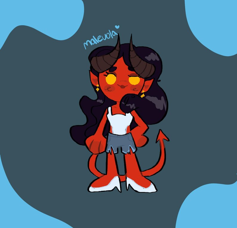 Puede incluir: Una ilustraci&oacute;n de dibujos animados de un personaje rojo con aspecto de demonio con cuernos, una cola y ojos amarillos. El personaje lleva una camiseta blanca y pantalones cortos de mezclilla. La palabra "malevola" est&aacute; escrita encima del personaje en escritura azul.