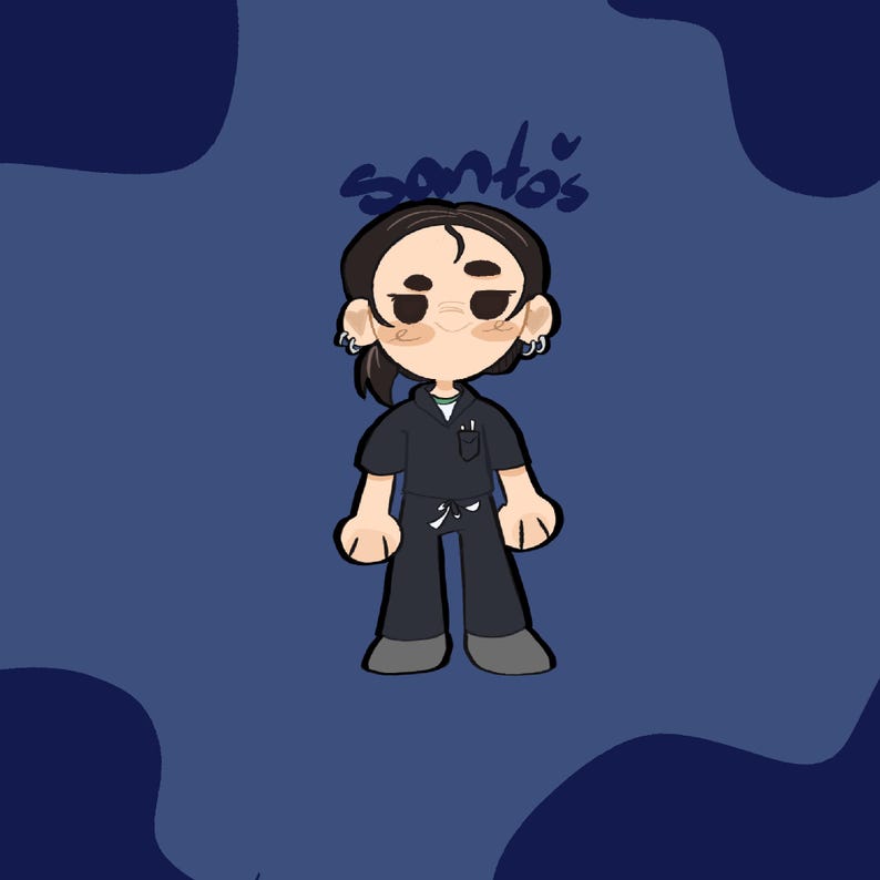 May include: Cartoon illustration of a person in a dark blue uniform with the name "santos" written above. The character has dark hair, earrings, and a small green shirt detail. The background is a dark blue with lighter blue shapes.