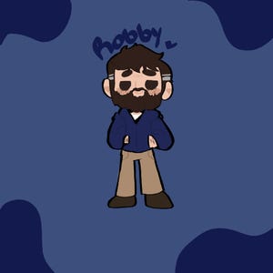 May include: Cartoon illustration of a person with a beard, glasses, and a blue jacket. The word "hobby" is written above the person's head in blue cursive. The background is a dark blue with lighter blue shapes.