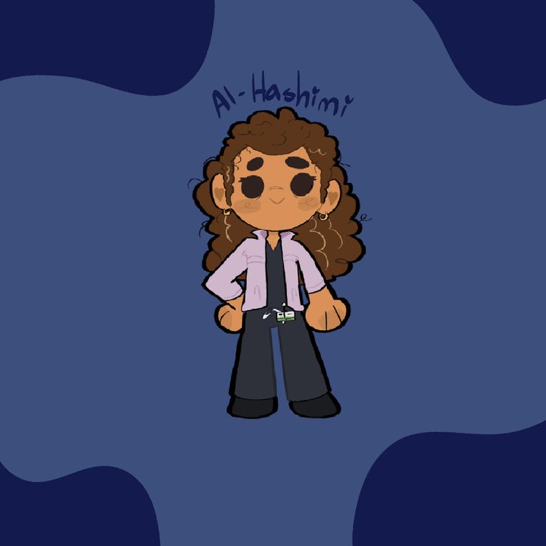 May include: Illustration of a cartoon character named Al-Hashimi. The character has brown curly hair, wearing a light purple jacket, black pants, and black shoes. The background is a dark blue with lighter blue shapes.