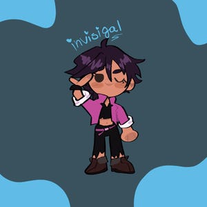Puede incluir: Ilustraci&oacute;n de dibujos animados de un personaje con cabello morado oscuro, que lleva una chaqueta rosa, una camiseta negra y pantalones negros. El personaje est&aacute; haciendo un gesto con la mano. El texto "invisigal" est&aacute; escrito en azul encima del personaje.